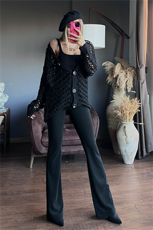 Siyah krep kumaş ispanyol pantolon