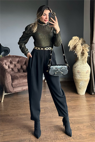 Siyah pens detaylı slouchy pantolon
