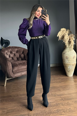 Siyah pens detaylı slouchy pantolon