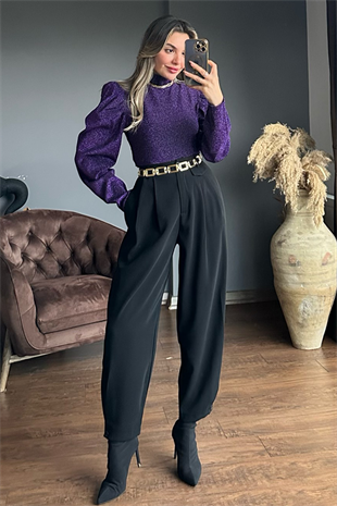 Siyah pens detaylı slouchy pantolon