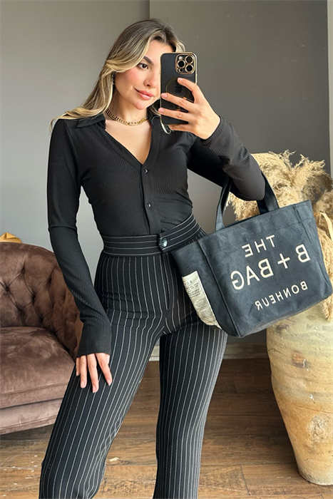 Siyah polo yaka fitilli crop