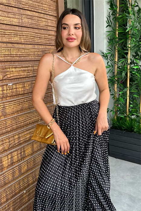 Siyah puantiyeli pileli midi etek