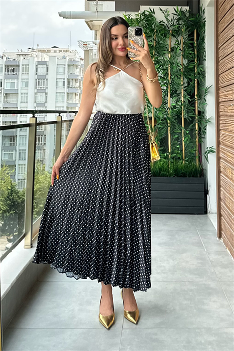 Siyah puantiyeli pileli midi etek