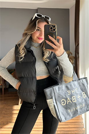 Siyah puffer kısa şişme yelek