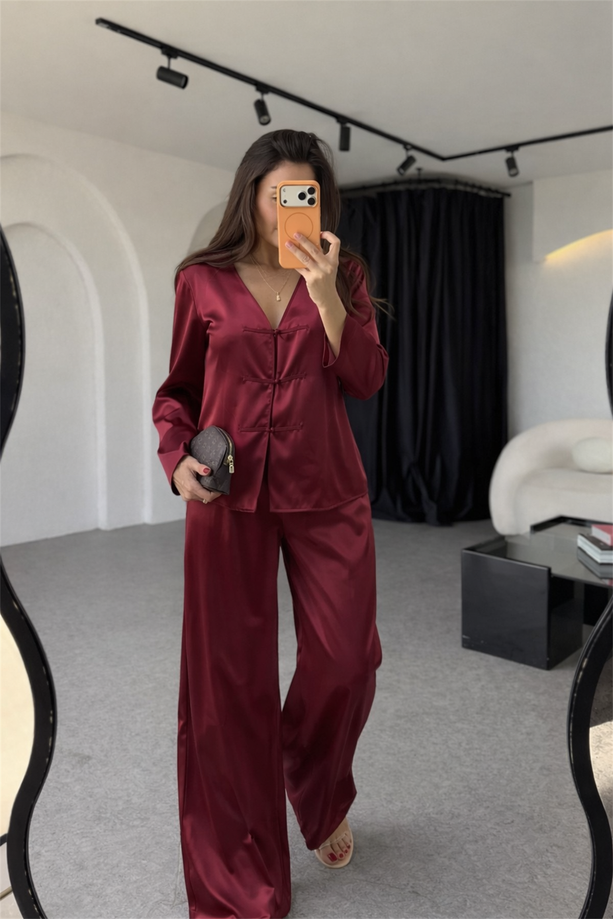 Slow Bordo Saten V Yaka Düğme Detaylı Takım
