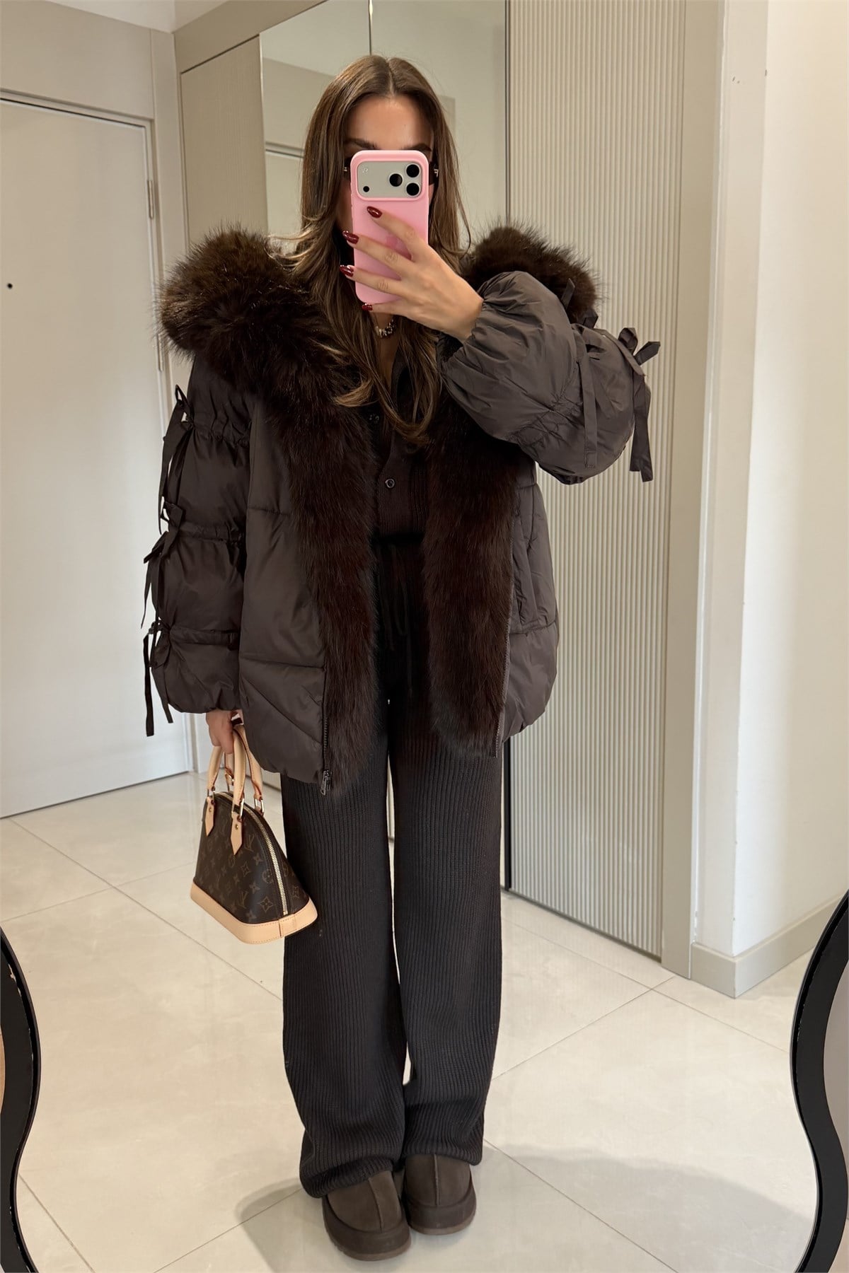 Snow Kahve Kürk Detaylı Premium Lüks Şişme Mont