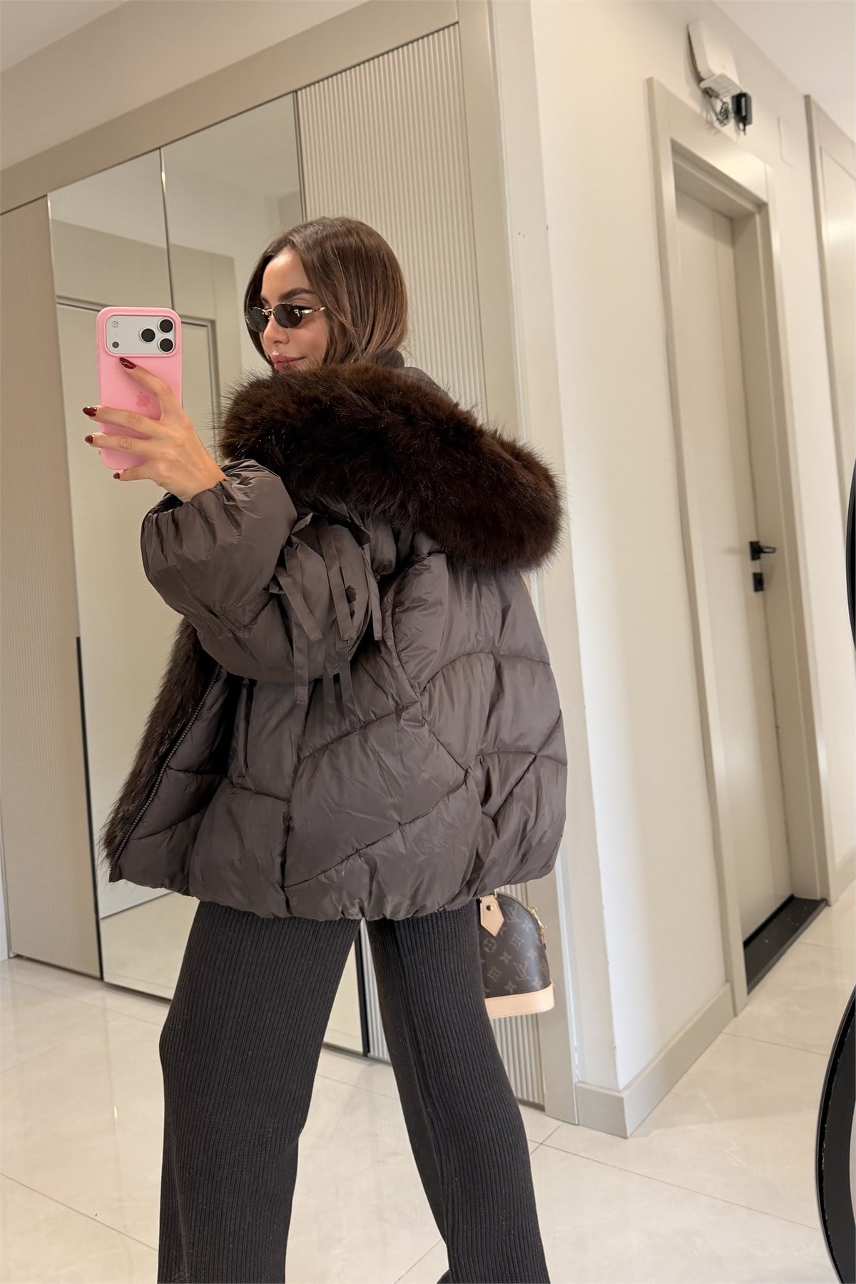 Snow Kahve Kürk Detaylı Premium Lüks Şişme Mont