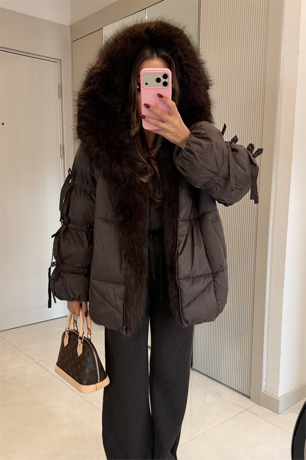 Snow Kahve Kürk Detaylı Premium Lüks Şişme Mont