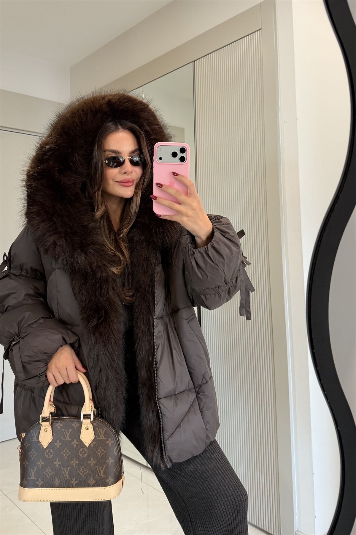 Snow Kahve Kürk Detaylı Premium Lüks Şişme Mont
