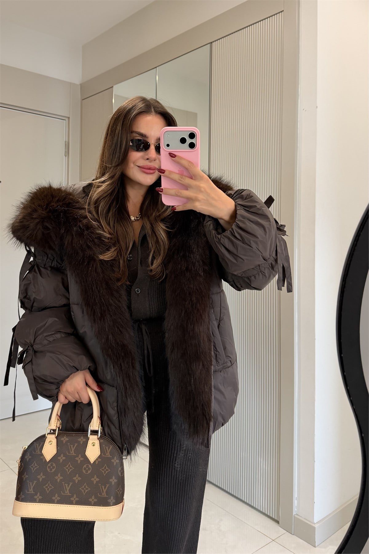 Snow Kahve Kürk Detaylı Premium Lüks Şişme Mont