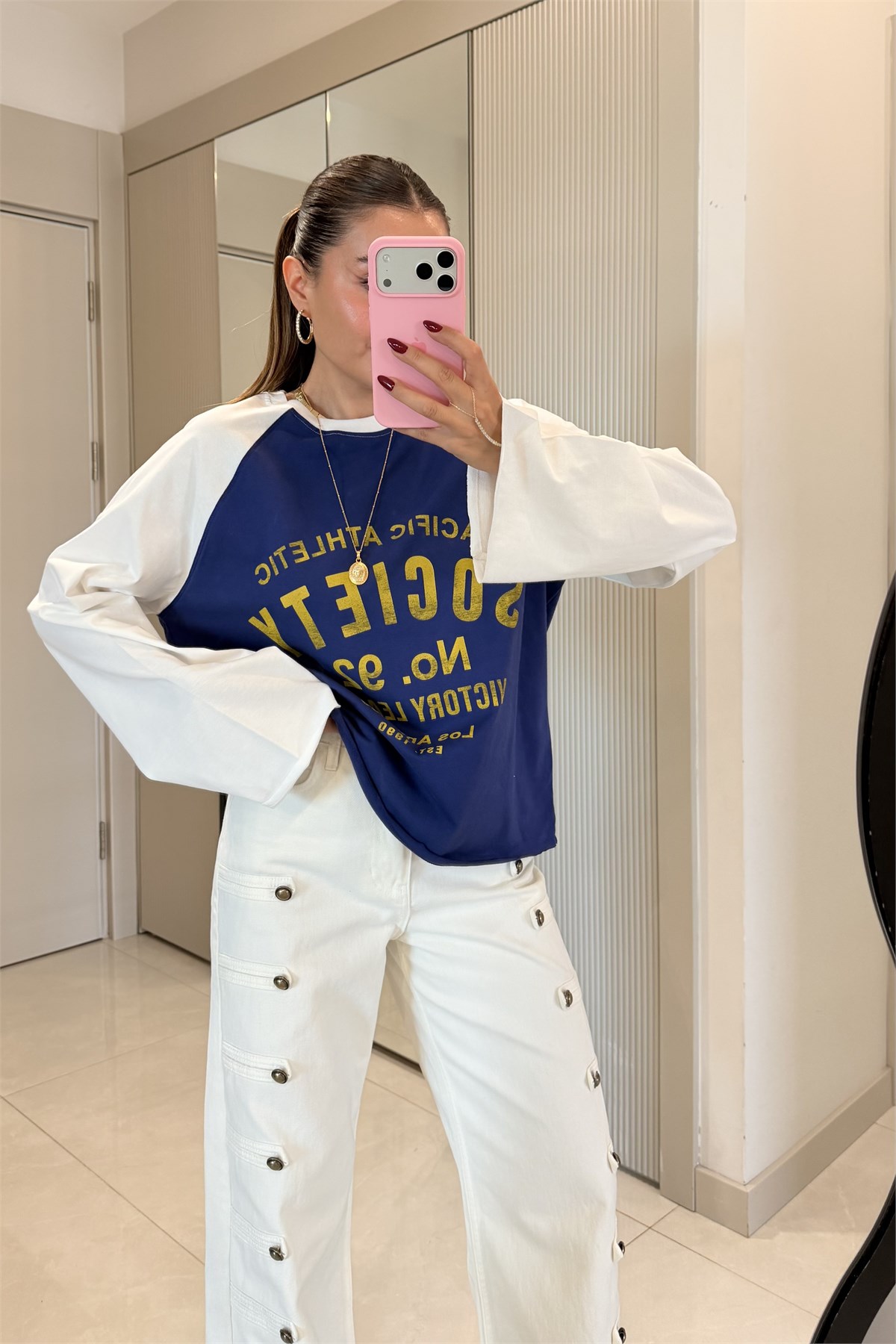 Socienty Mavi Renk Bloklu Baskılı Tshirt