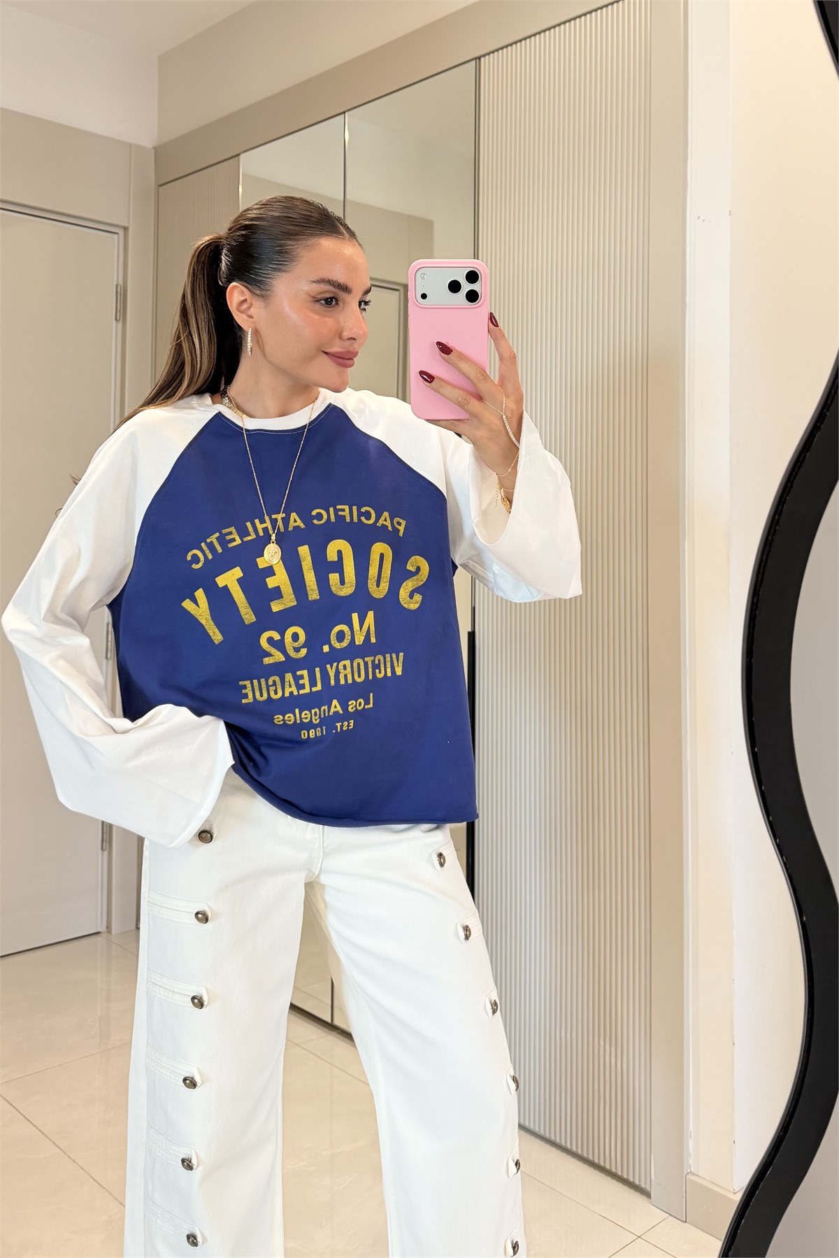 Socienty Mavi Renk Bloklu Baskılı Tshirt