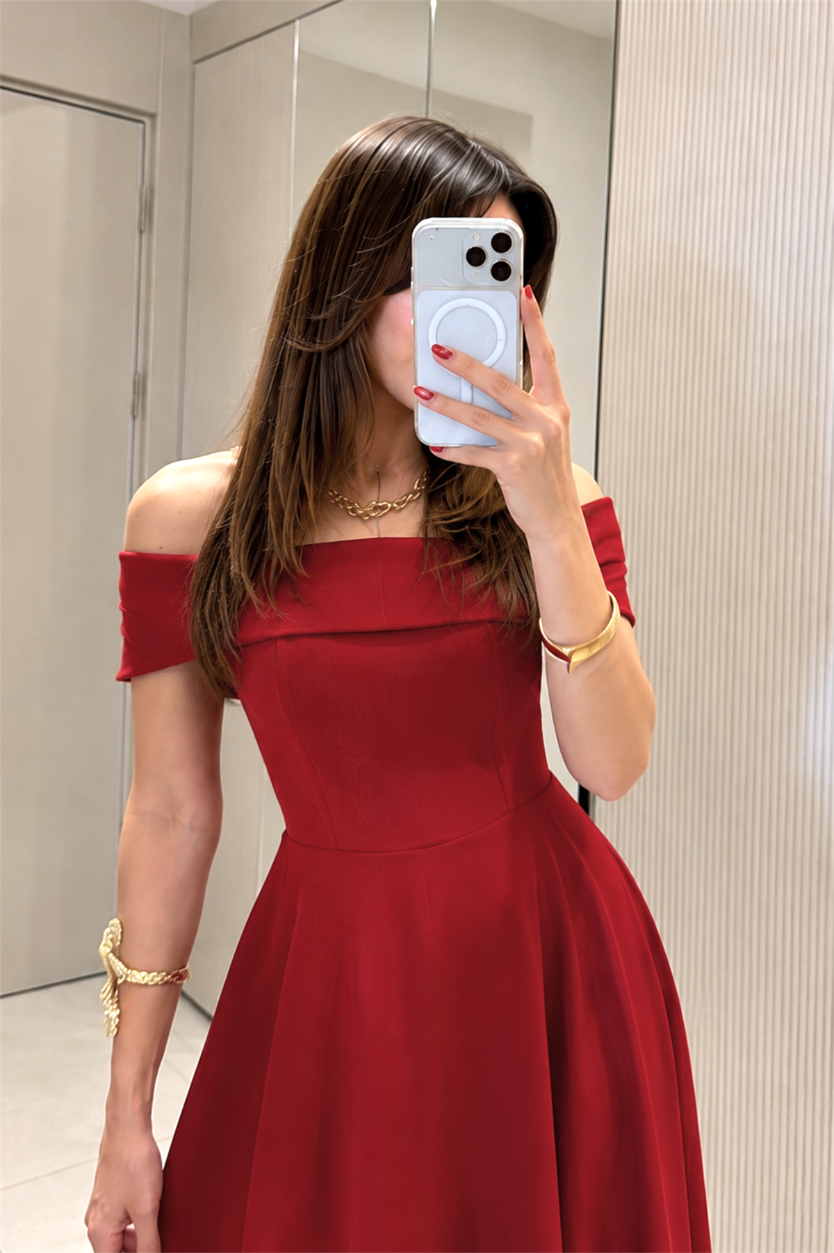Soelle Kırmızı Madonna Yaka Çan Elbise