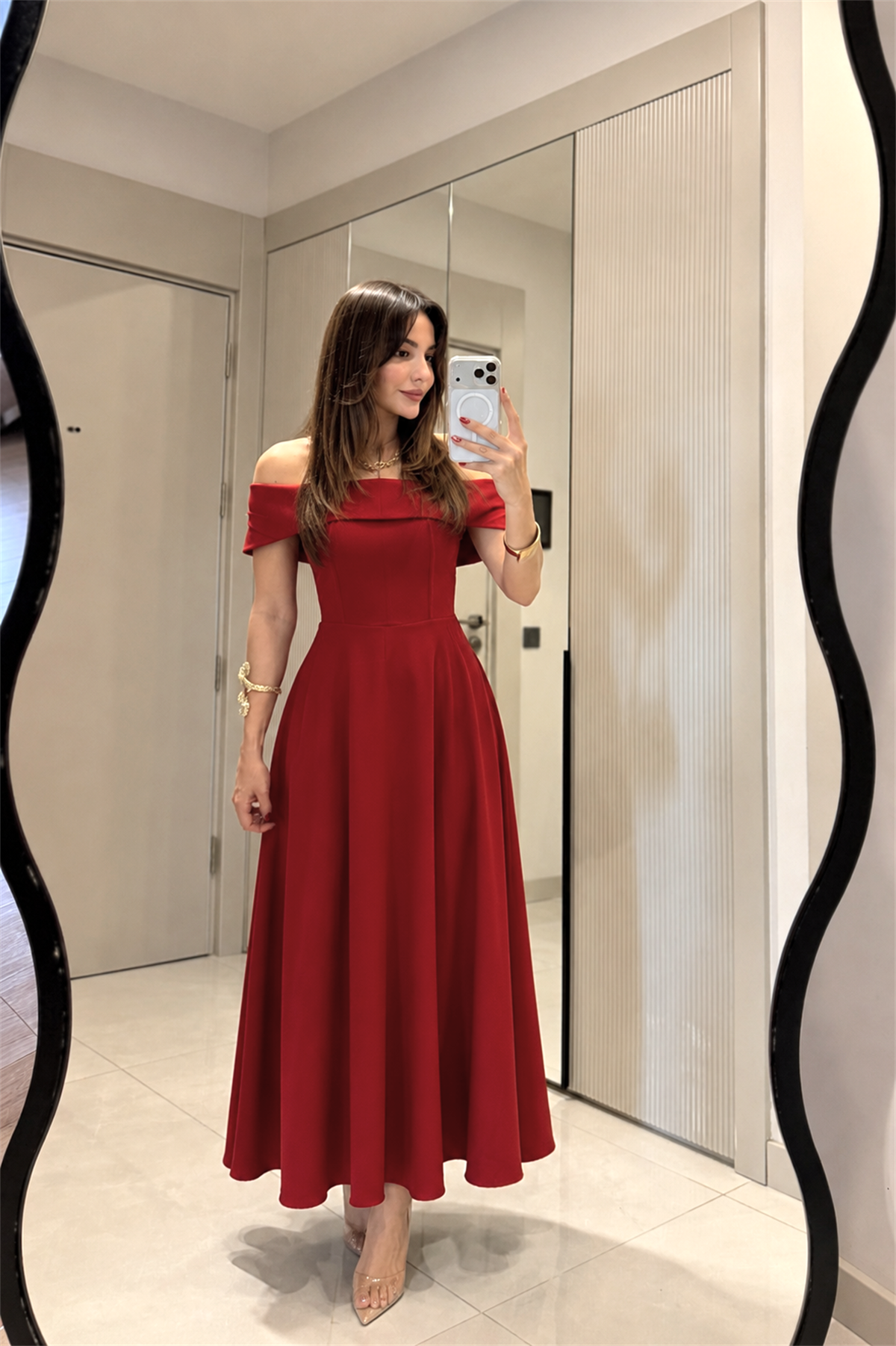 Soelle Kırmızı Madonna Yaka Çan Elbise