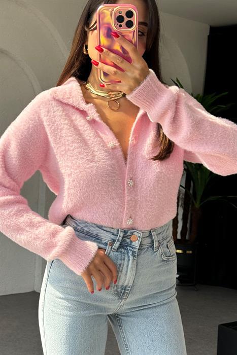 Softly İnci Düğmeli Yumoş Pembe Hırka