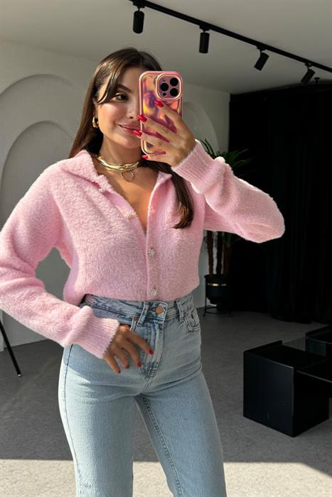 Softly İnci Düğmeli Yumoş Pembe Hırka