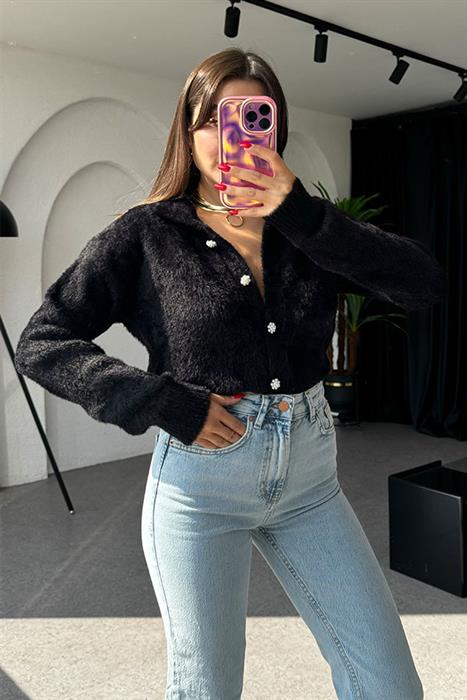 Softly İnci Düğmeli Yumoş Siyah Hırka