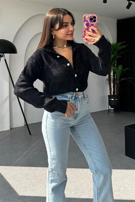 Softly İnci Düğmeli Yumoş Siyah Hırka