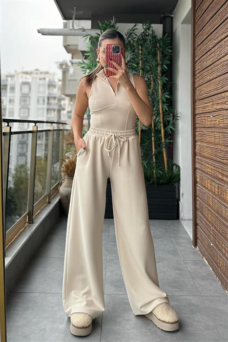 Sofy Fermuarlı Body ve Pantolon Takım - Krem