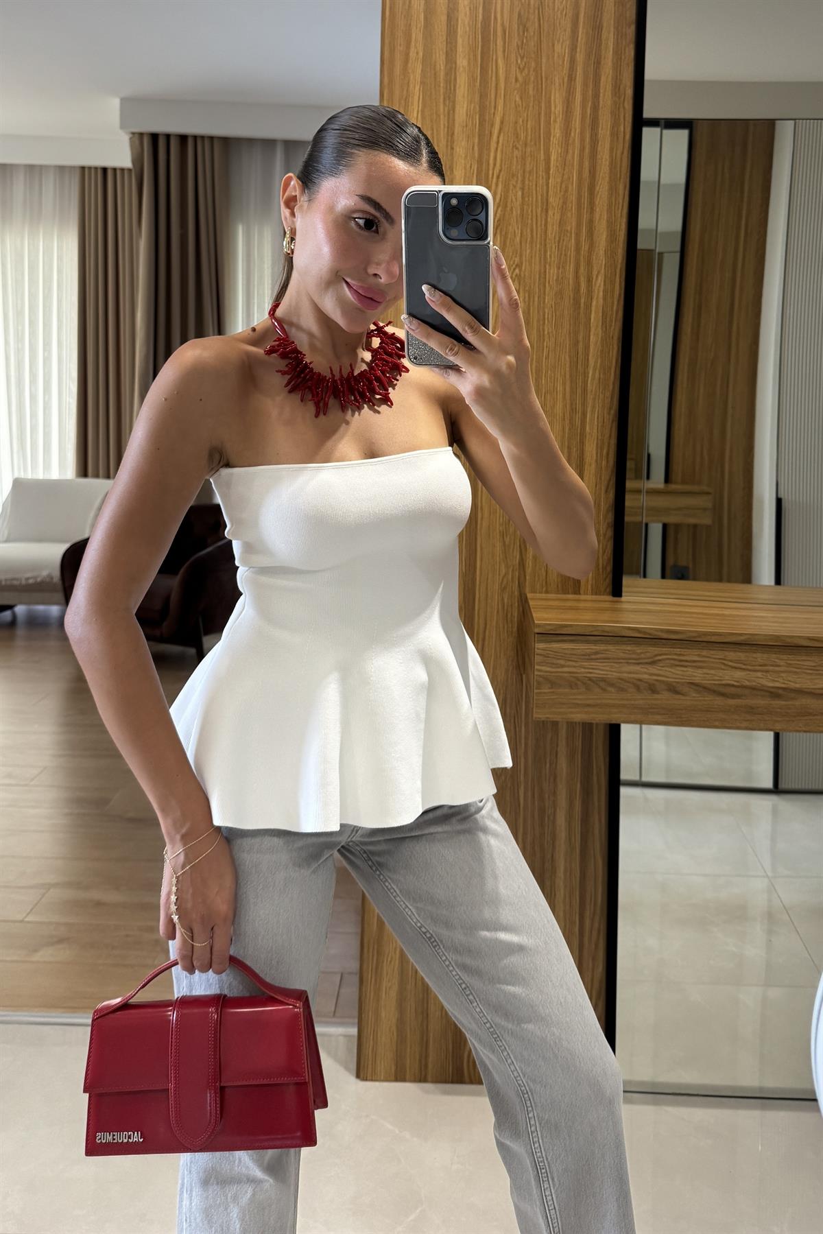 Sofya Dilvin  Straplez Peplum Detaylı Beyaz Bluz