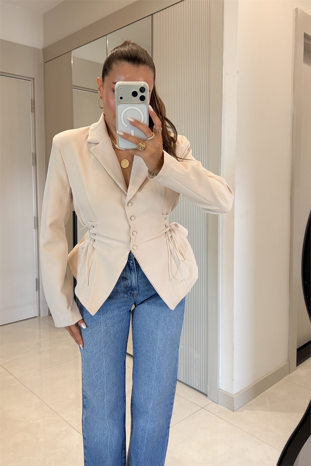 Soho Bej Belden Oturtmalı Kuşgözü Blazer Ceket
