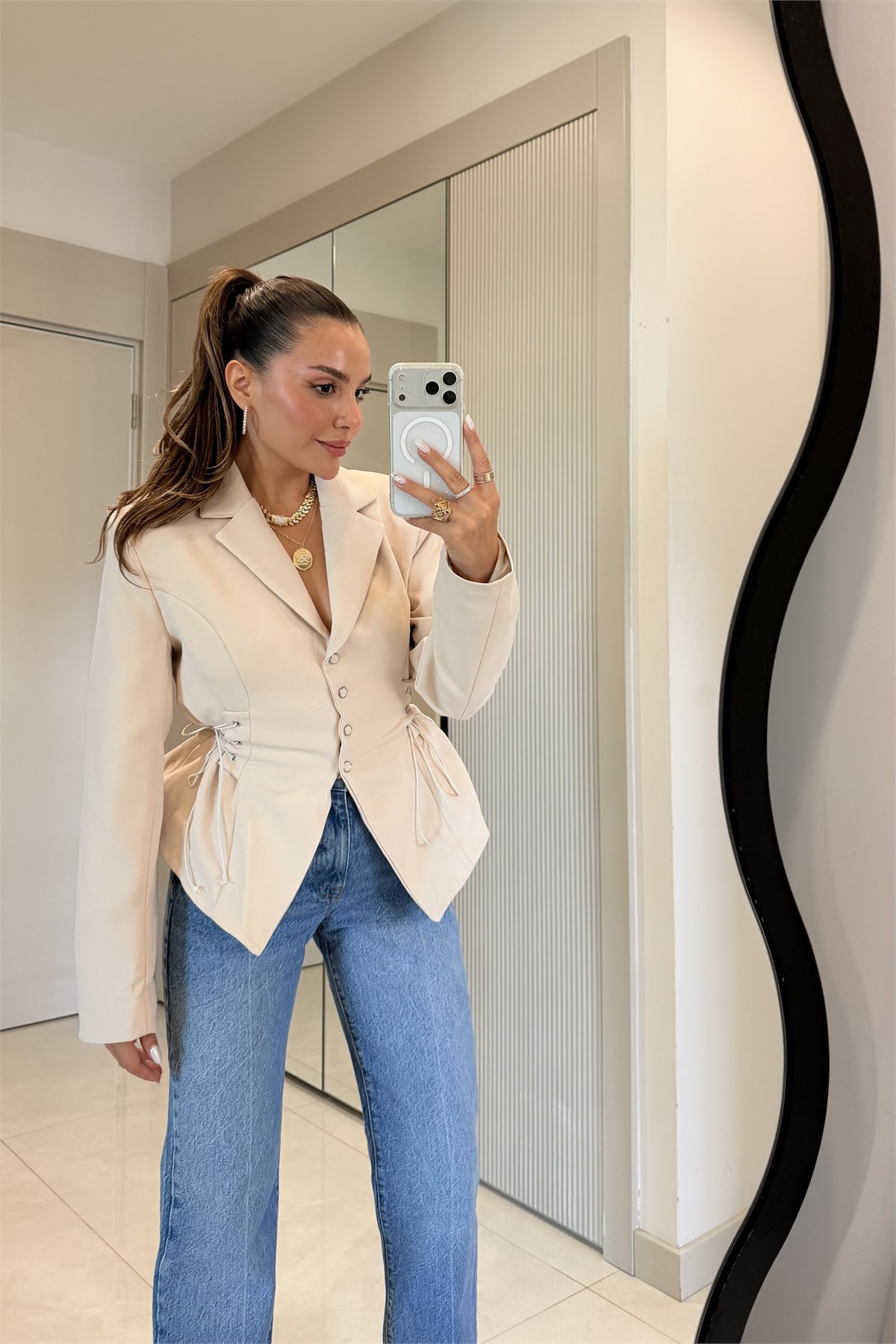 Soho Bej Belden Oturtmalı Kuşgözü Blazer Ceket