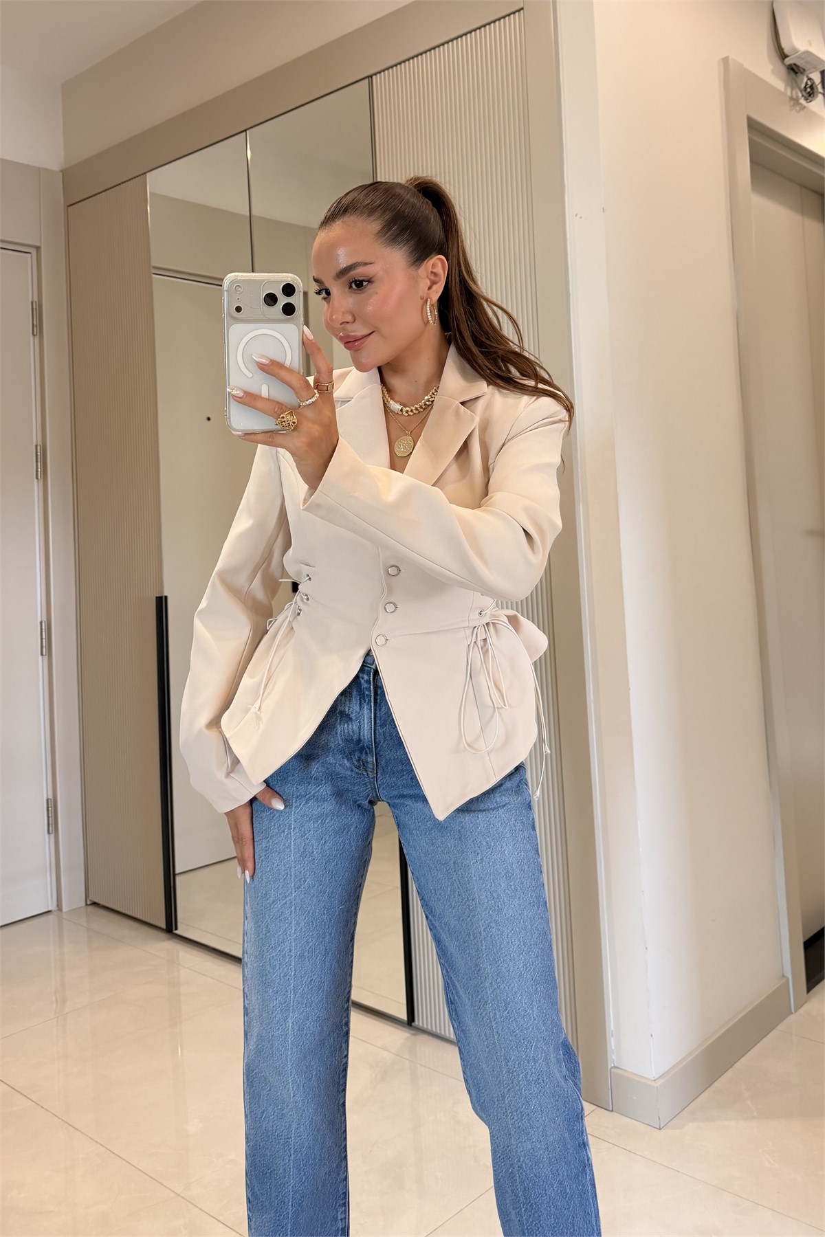 Soho Bej Belden Oturtmalı Kuşgözü Blazer Ceket