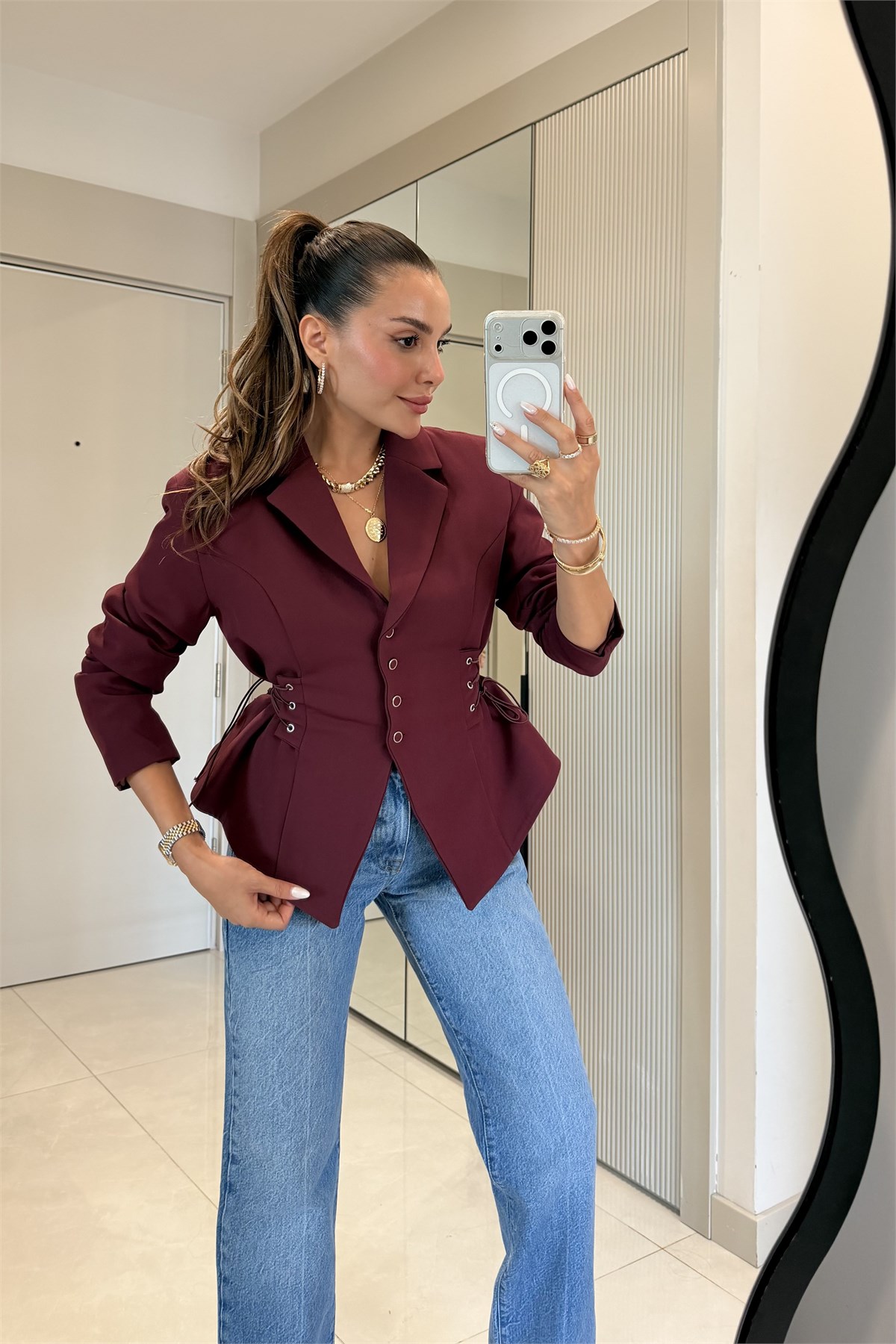Soho Bordo Belden Oturtmalı Kuşgözü Blazer Ceket