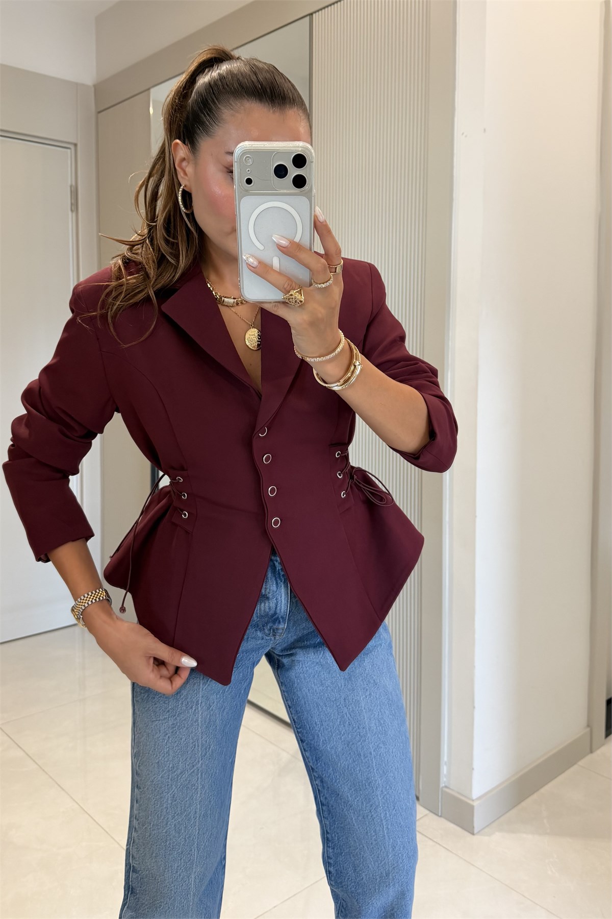 Soho Bordo Belden Oturtmalı Kuşgözü Blazer Ceket