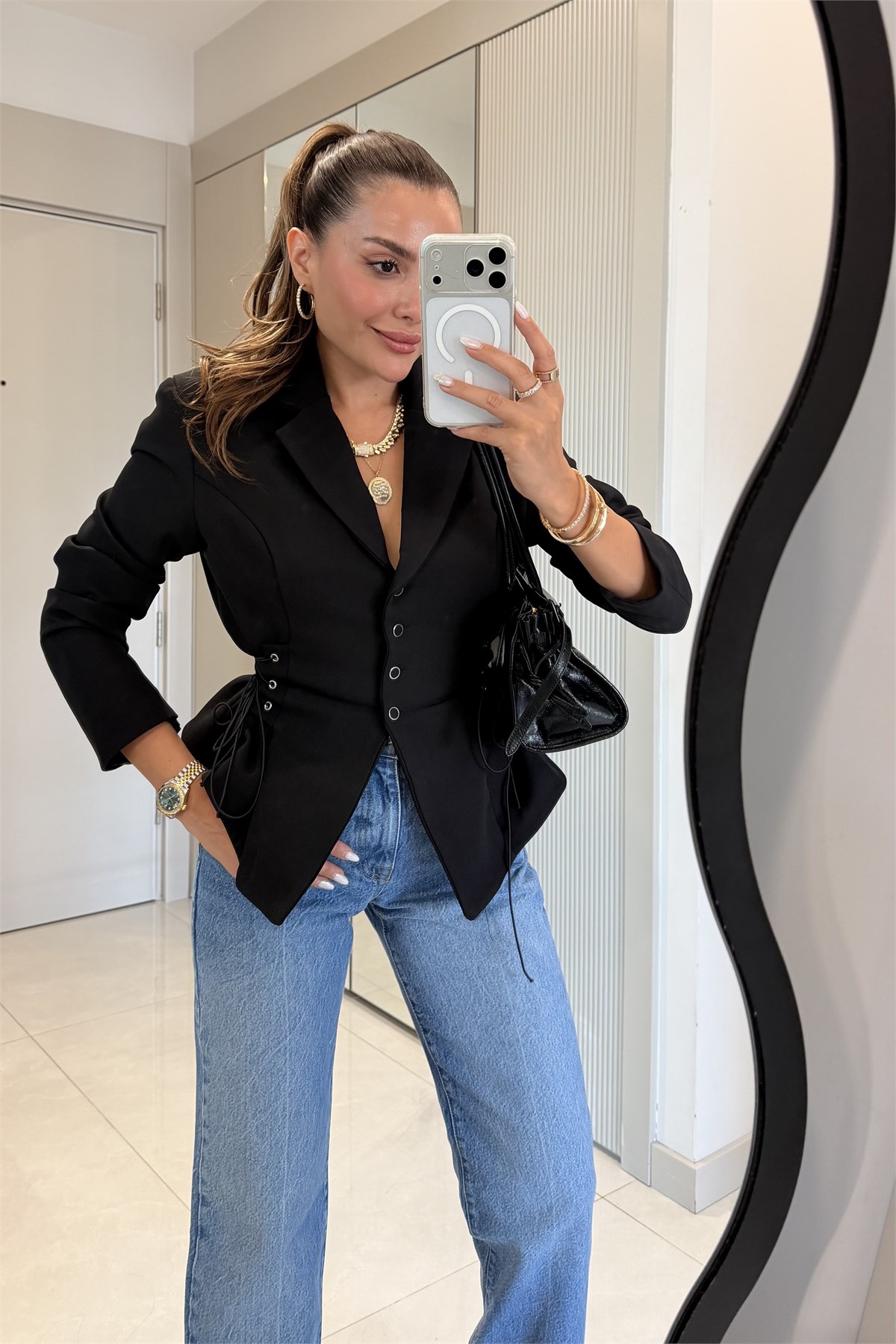 Soho Siyah Belden Oturtmalı Kuşgözü Blazer Ceket