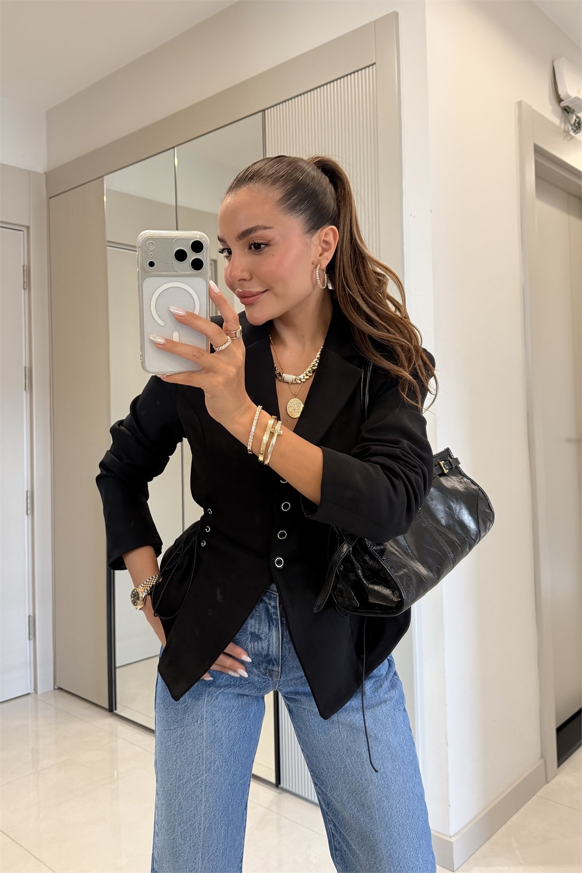 Soho Siyah Belden Oturtmalı Kuşgözü Blazer Ceket