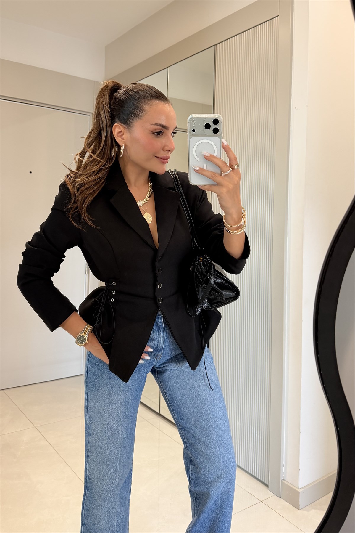 Soho Siyah Belden Oturtmalı Kuşgözü Blazer Ceket