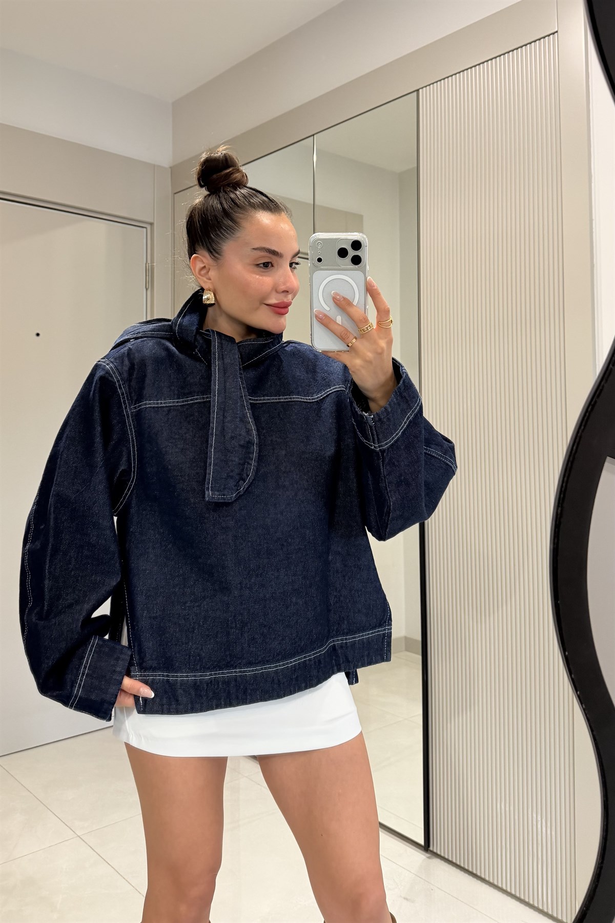 Soire Lacivert Fularlı Denim Gömlek