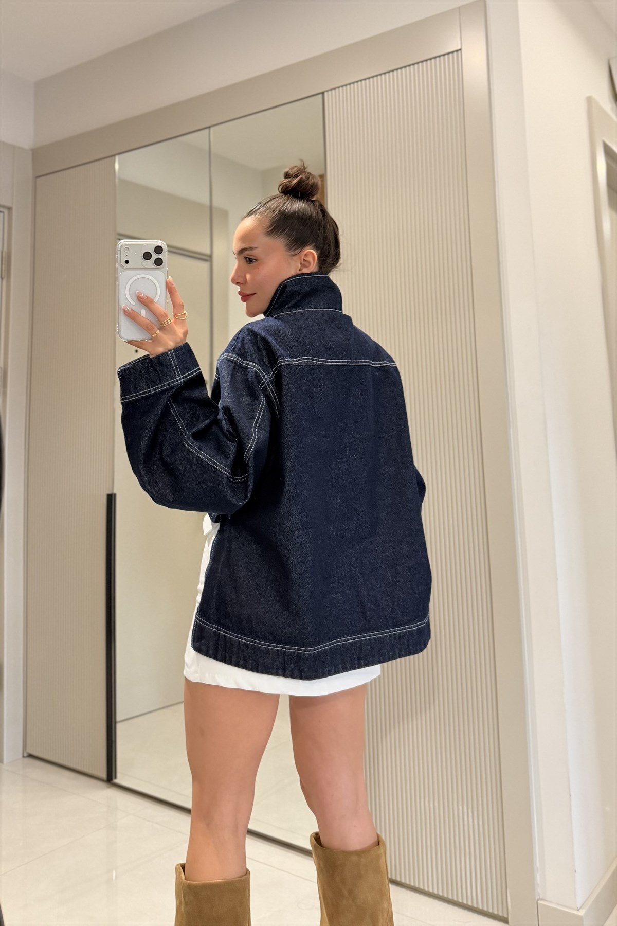 Soire Lacivert Fularlı Denim Gömlek