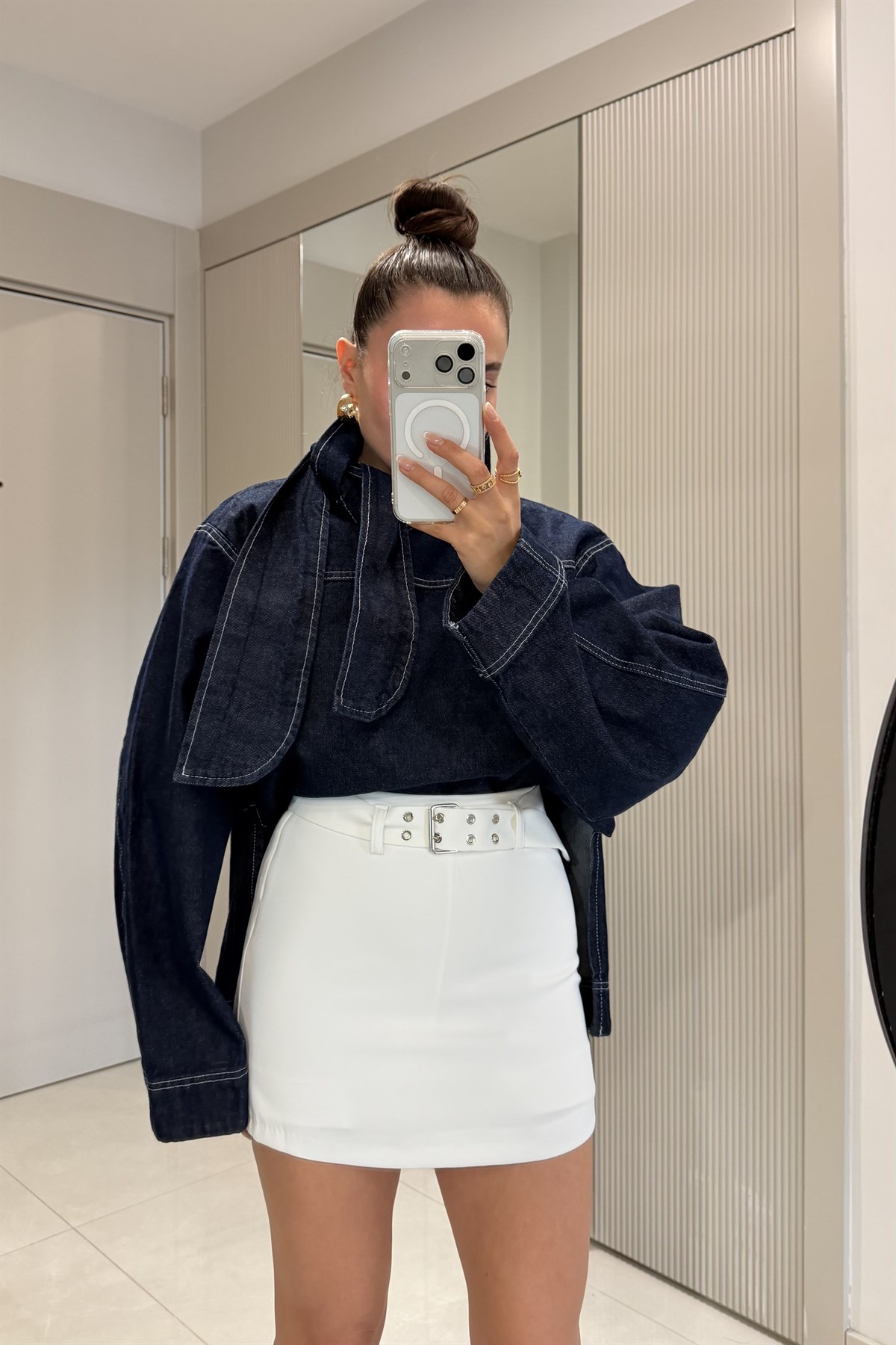 Soire Lacivert Fularlı Denim Gömlek