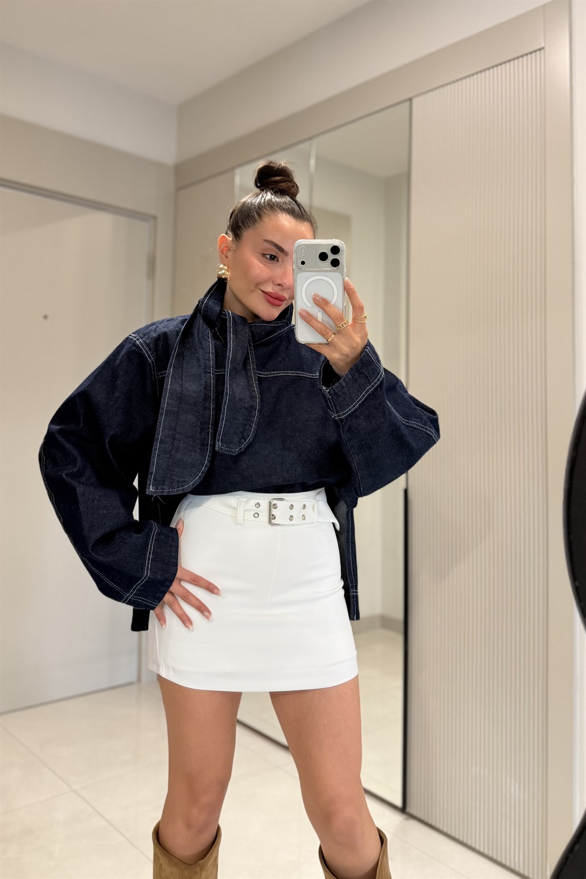 Soire Lacivert Fularlı Denim Gömlek