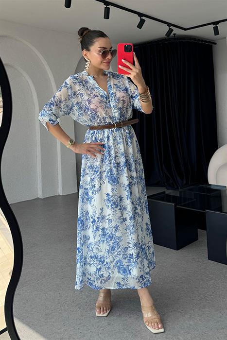 Solaro Mavi  Çiçekli  Kemerli Elbise