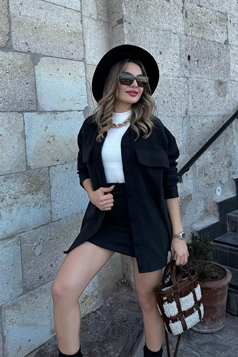 Solei Kaşe Etekli Ceket Takım  - Siyah