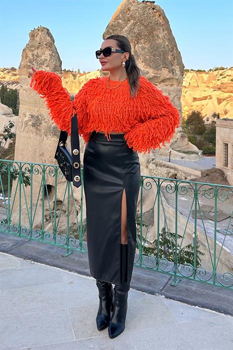 Solen Yırtmaçlı Midi Deri Etek