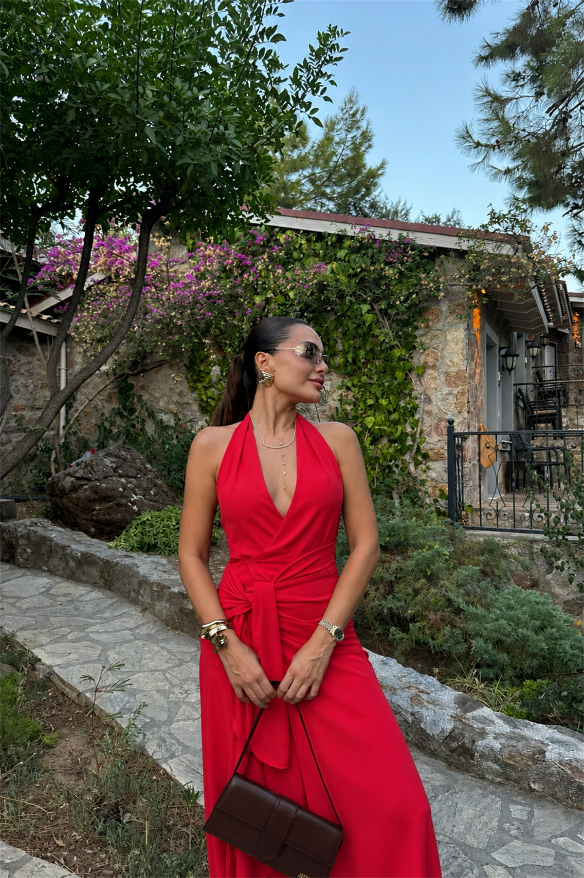 Solene Kırmızı Bel Bağlamalı Keten Elbise