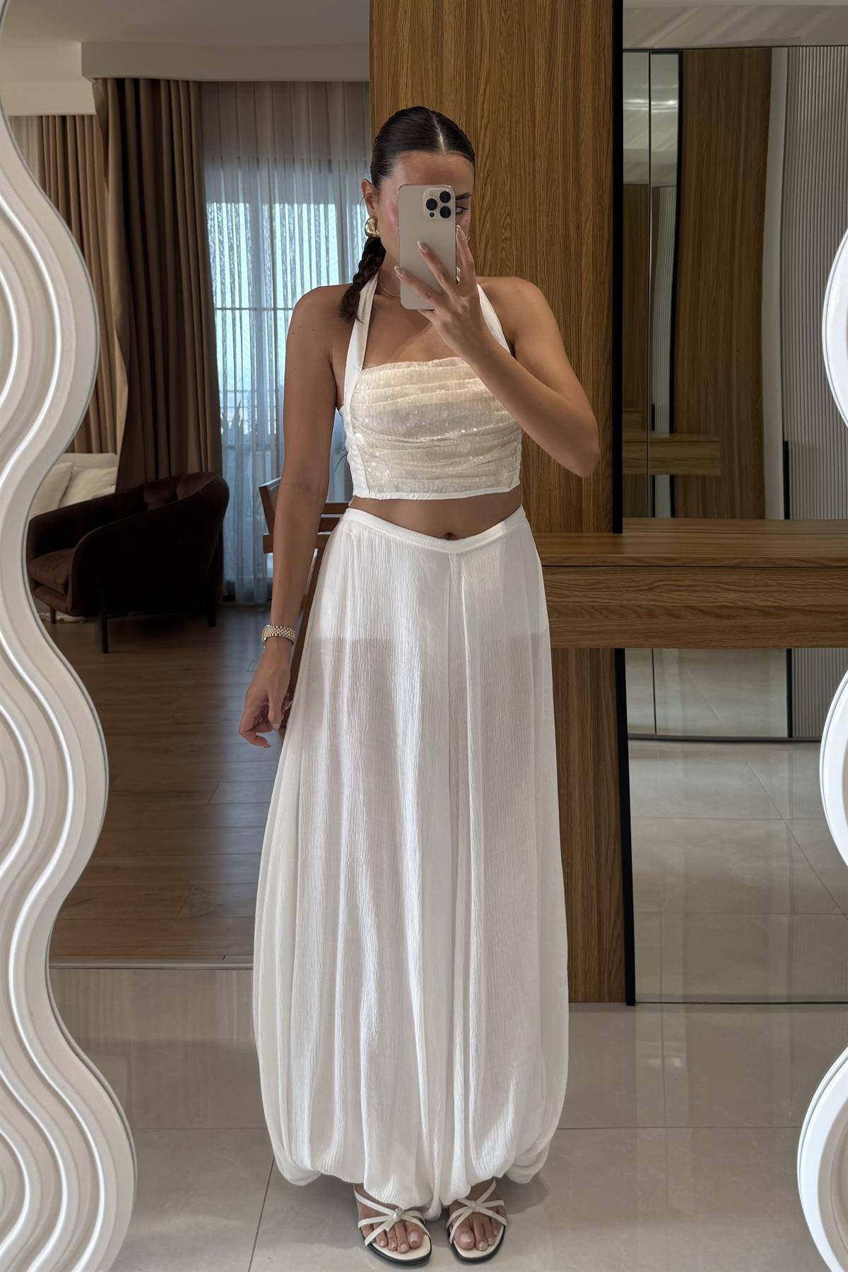 Solmera Beyaz Dilvin Astarlı Şalvar 