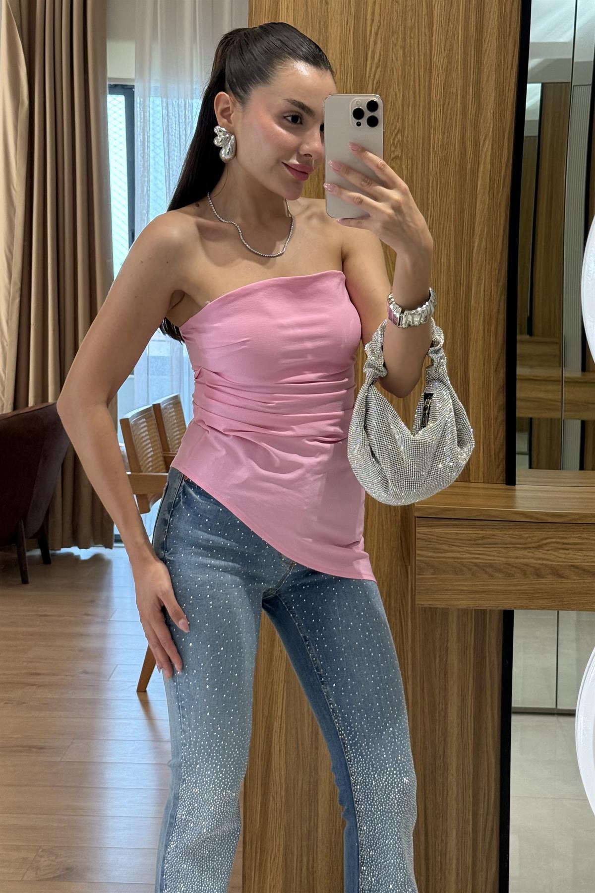 Solya Pembe Straplez Crop