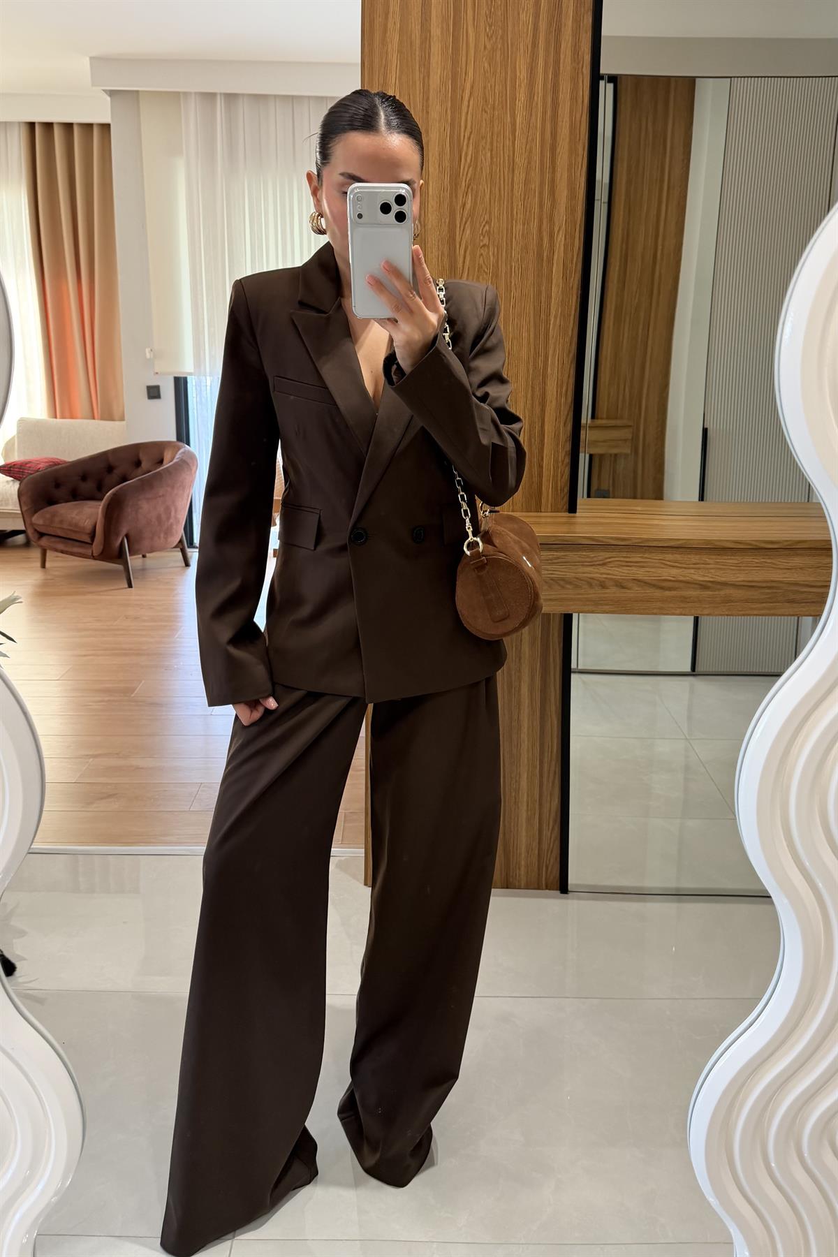 Sonya Acı Kahve Blazer Pantolon Takım