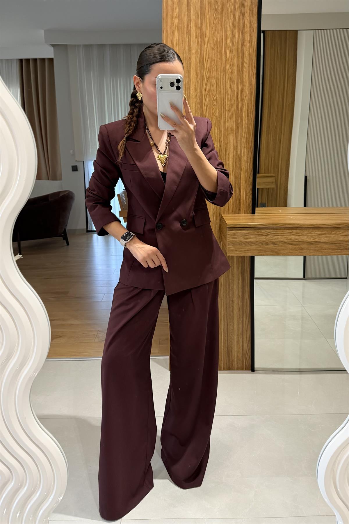 Sonya Bordo Blazer Pantolon Takım