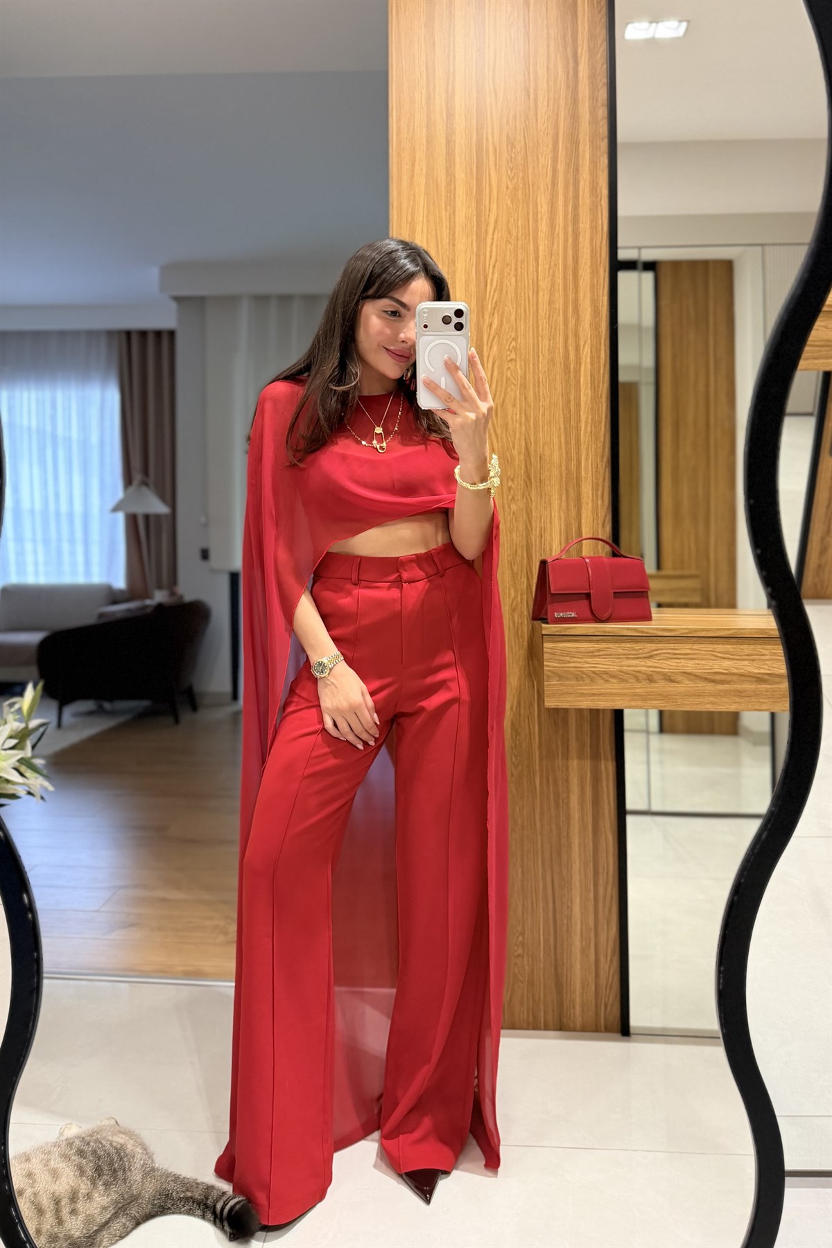Sophia Kırmızı Şifon Pelerinli Üçlü Takım