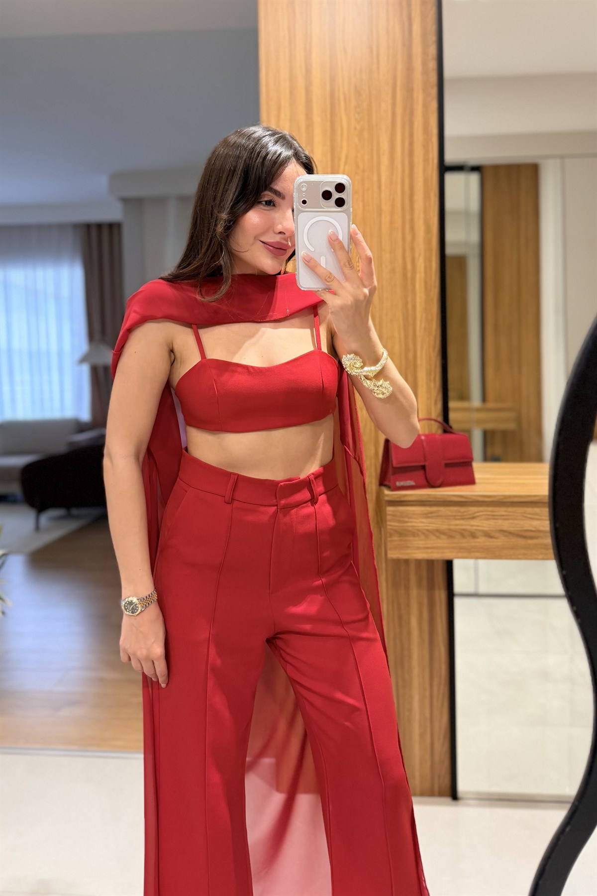 Sophia Kırmızı Şifon Pelerinli Üçlü Takım