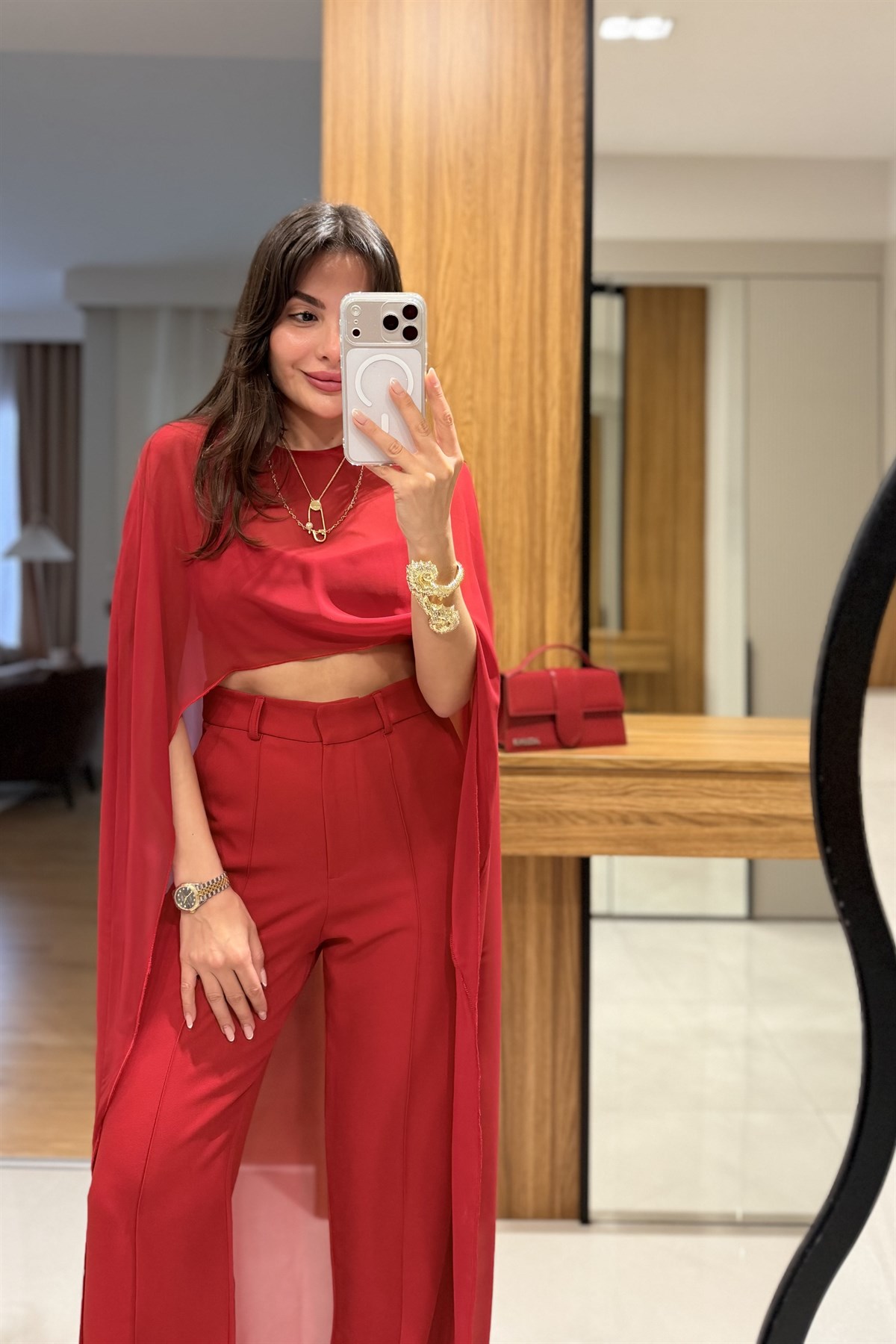 Sophia Kırmızı Şifon Pelerinli Üçlü Takım
