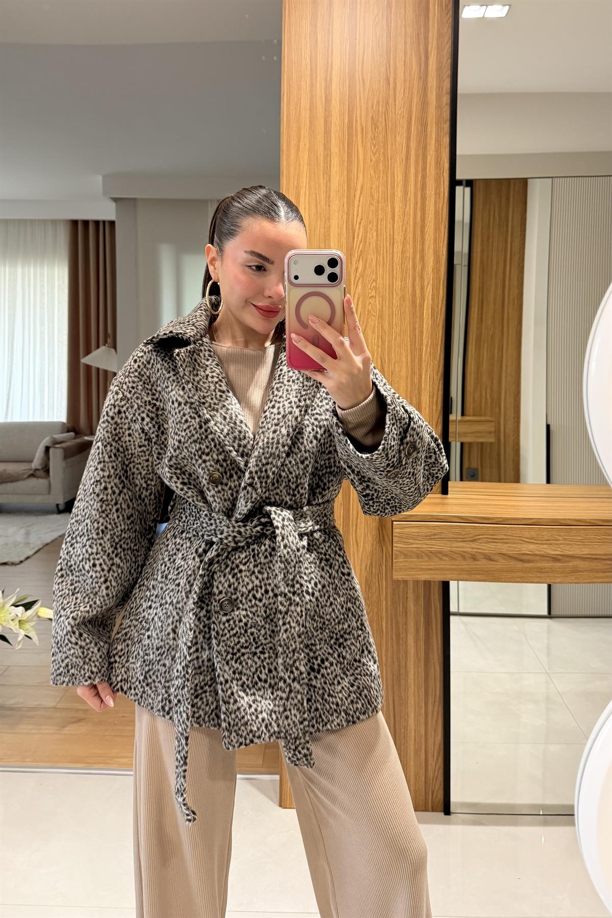 Sophie Acı kahve Kaşe Kuşaklı Kaban