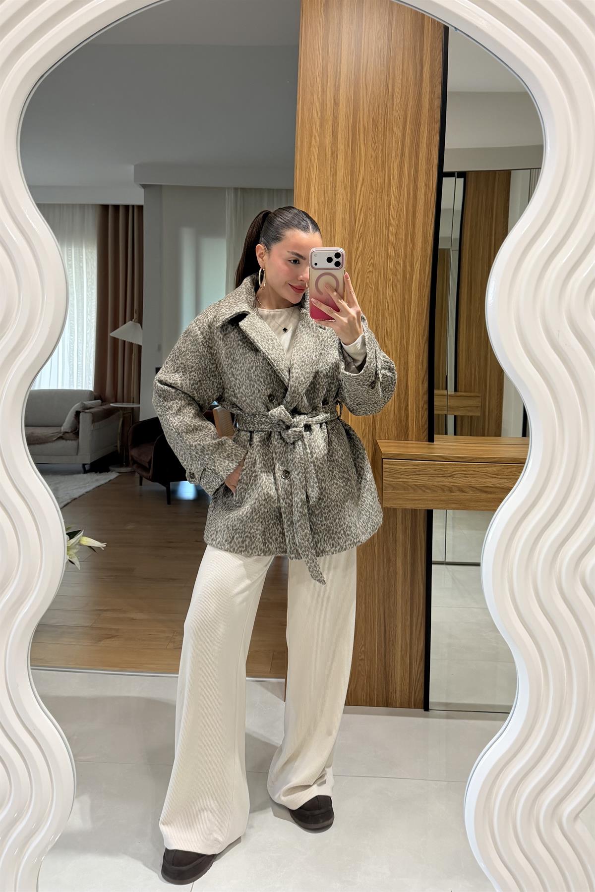 Sophie Sütlü Kahve Kaşe Kuşaklı Kaban