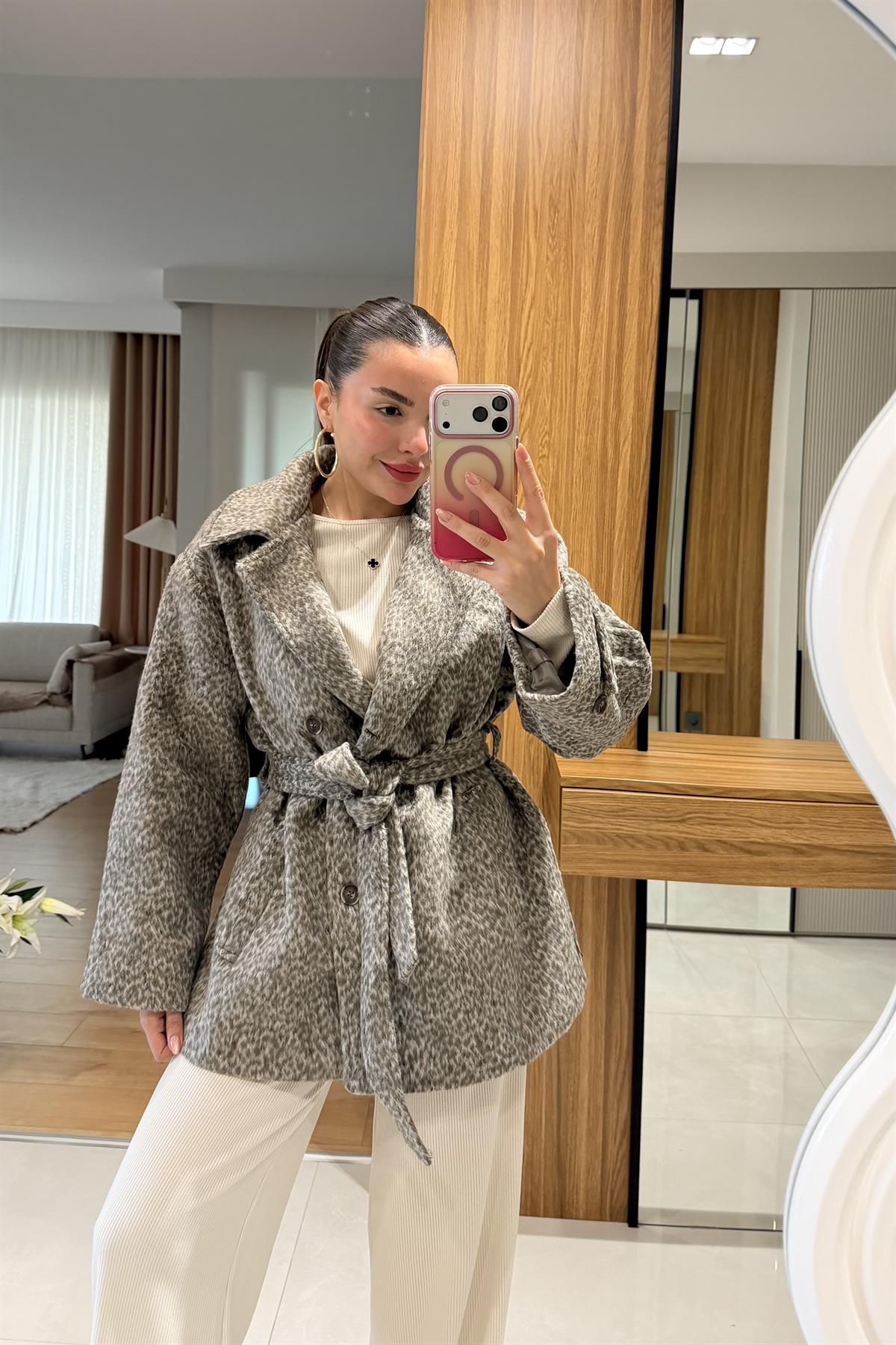 Sophie Sütlü Kahve Kaşe Kuşaklı Kaban